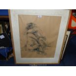 A framed and mounted mixed-media study of two figures embracing, no visible signature,
