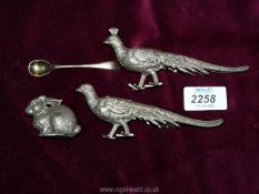 A small plated Peacock and Peahen, one foot a/f, plus a plated rabbit and spoon.