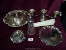 A small quantity of silver plate to include; small 'Carrs Sheffield' tray, three branch candelabra,