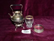 A small quantity of silver including 925 miniature teapot and stand (lid missing), 55 gms.