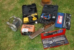 A Draper re-chargeable 18 volt drill, a long reach socket set, a battery charger,