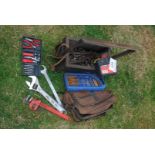 A quantity of screwdrivers, Stilsons, mini tool kits, a soft tool bag with large spanners, etc.