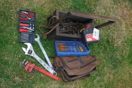 A quantity of screwdrivers, Stilsons, mini tool kits, a soft tool bag with large spanners, etc.