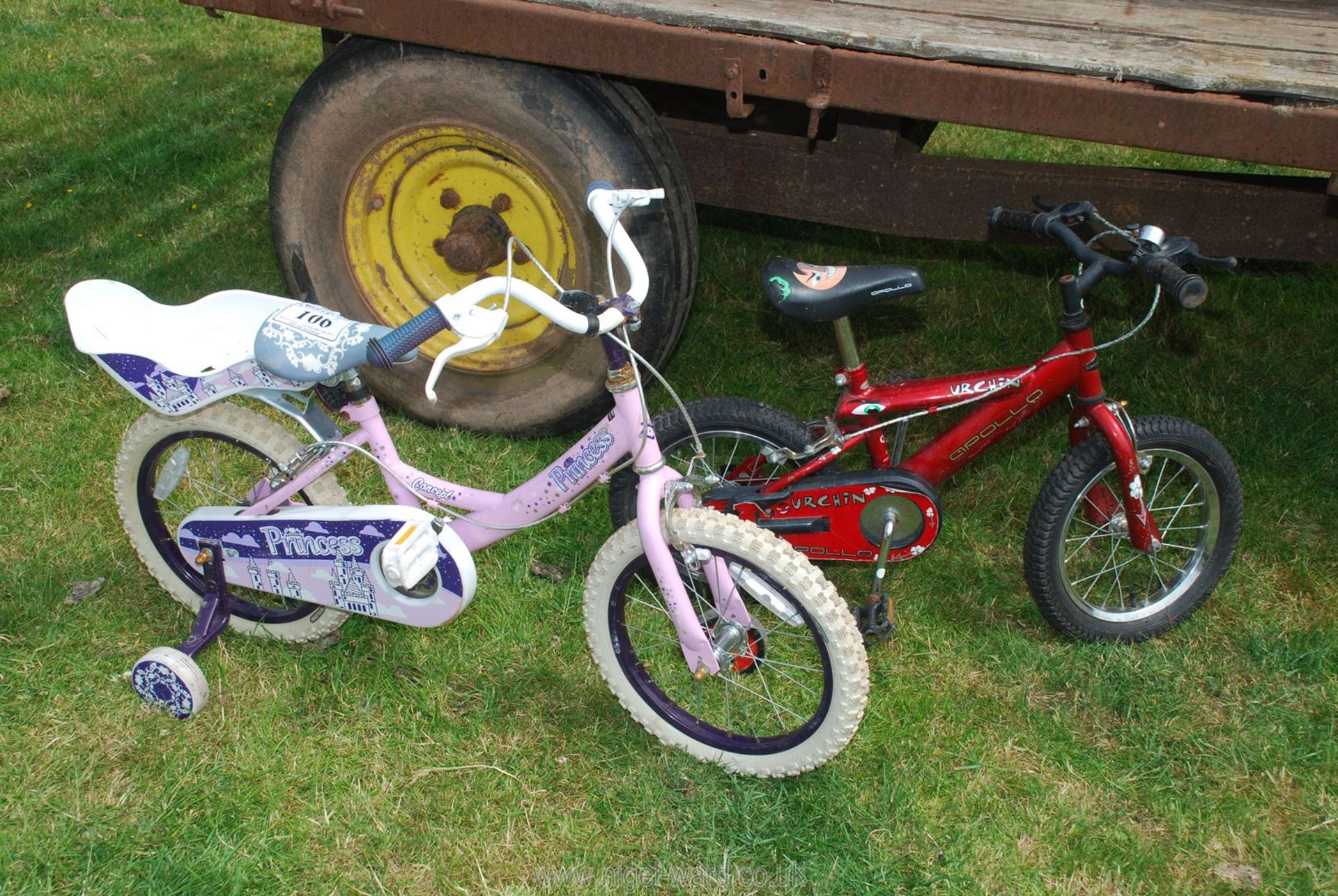 2 child's bikes; Concept Princess and Apollo Urchin, both with stabilisers.