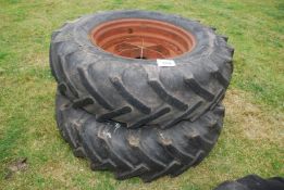 A pair of JCB 3C rear wheels and tyres (usable), Major type 6 stud fixing.