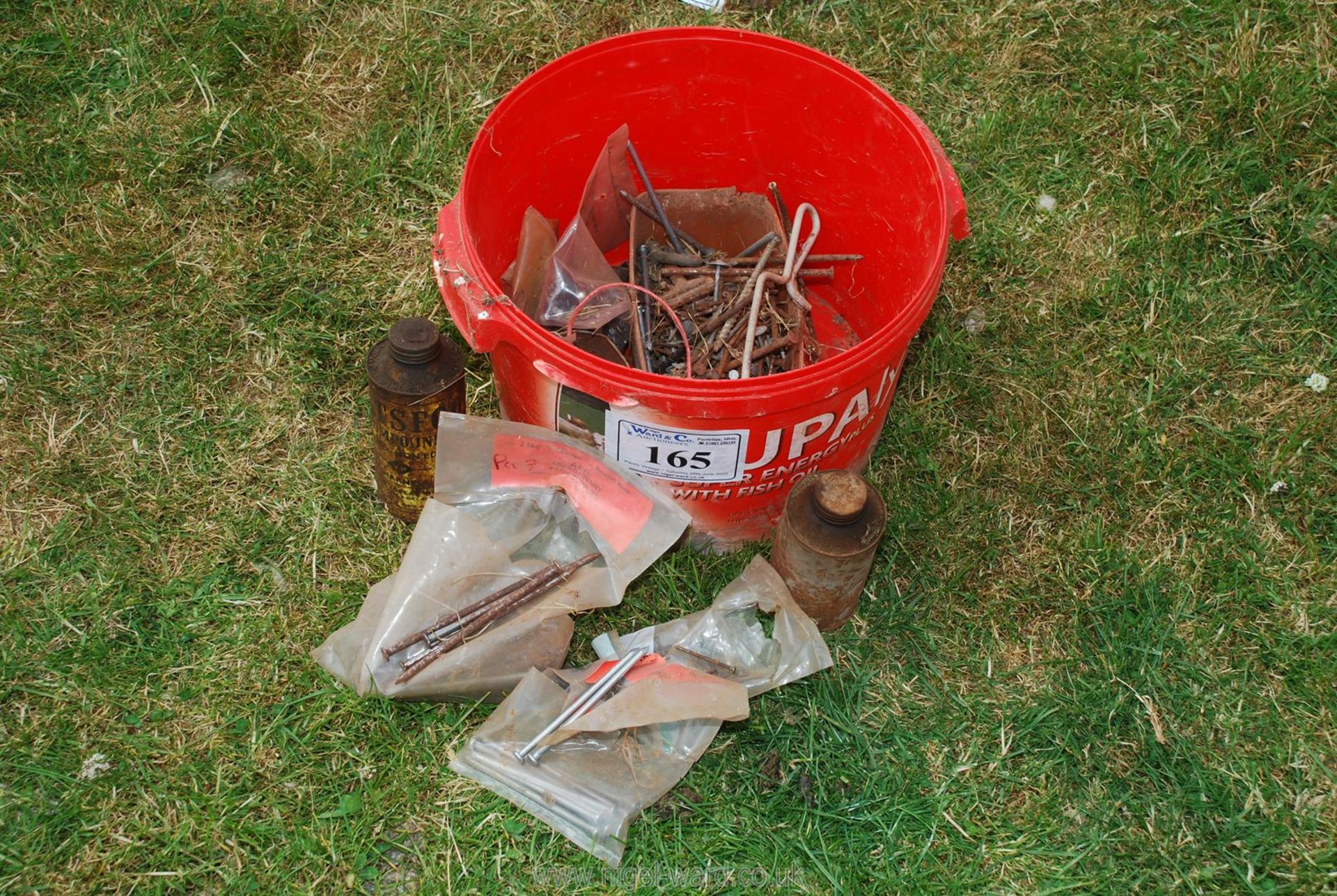 A bucket of nails and fixings.