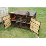 A steel welding bench and vice, 49'' x 39 1/2'' x 32 1/2'', plus a large quantity of tools within.