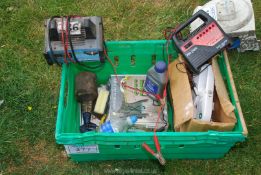 A box of battery chargers, hand held sewing machine, air line, etc.