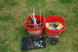 Two tubs of various tools, tin snips, pipe bender, chisels, wire brushes, etc.