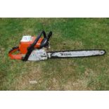 A Stihl 029 Super chainsaw with chain-brake, good compression. Ran at time of lotting.