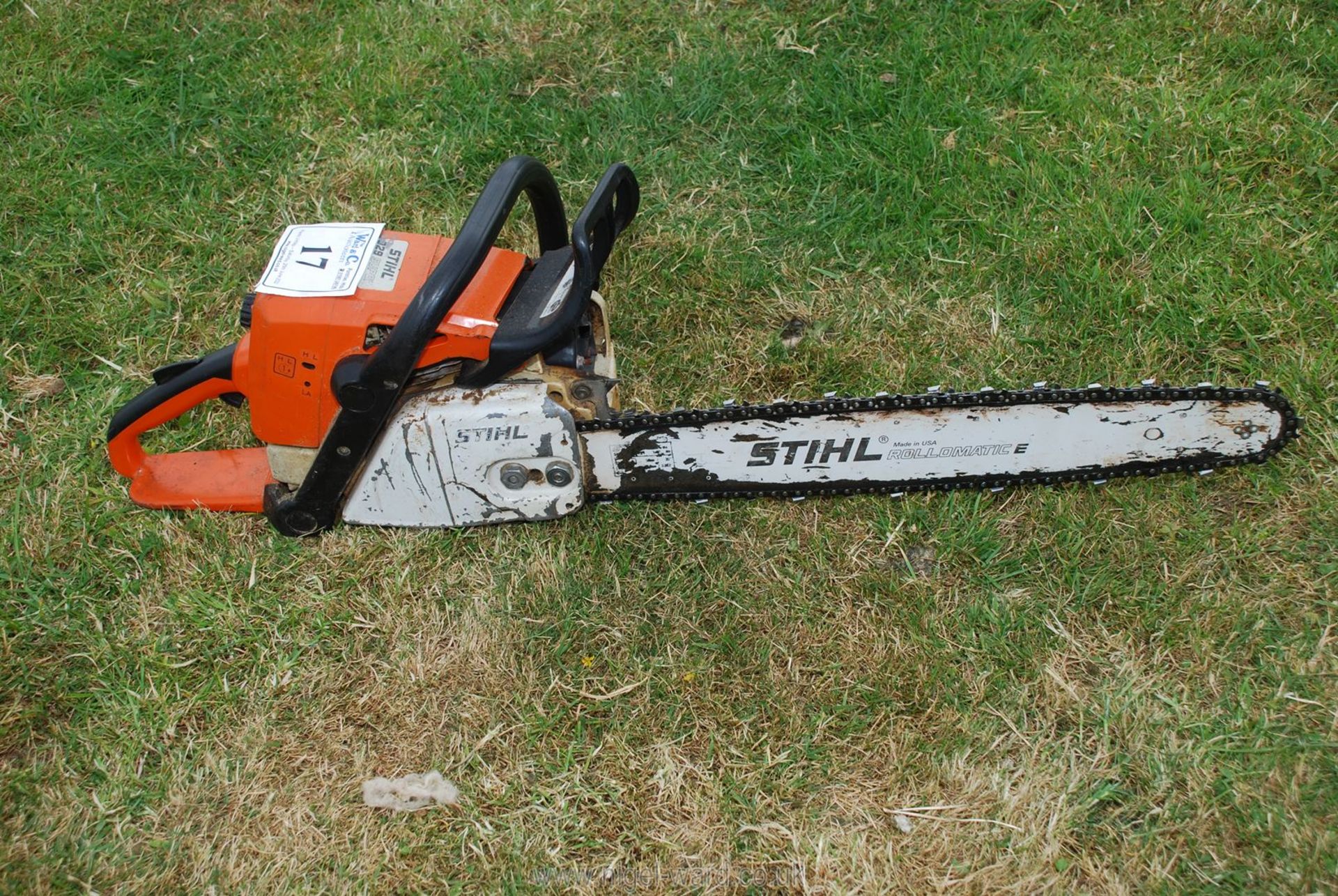 A Stihl 029 Super chainsaw with chain-brake, good compression. Ran at time of lotting.