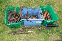 Three boxes of large spanners, clamp, grease gun, etc.