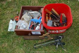 Two boxes of miscellaneous, mastic gun, hand drill and old tools.