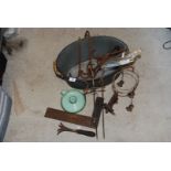 Miscellanea incl. metal planter/bucket, candle holder, meat hooks, knitting needles etc.