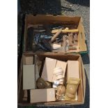 Box of newel caps, quantity of old tools, hinges etc.