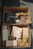 Box of newel caps, quantity of old tools, hinges etc.