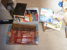 Three boxes containing kitchen drainer, cup hooks, magazines and books including large bible etc.