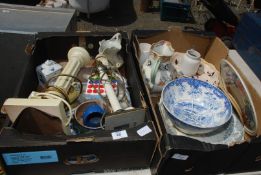 Two boxes of china,table lamps, jugs, plates, bowls etc.