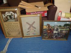 Framed embroidery of windmill, needlepoint of cart horses etc.
