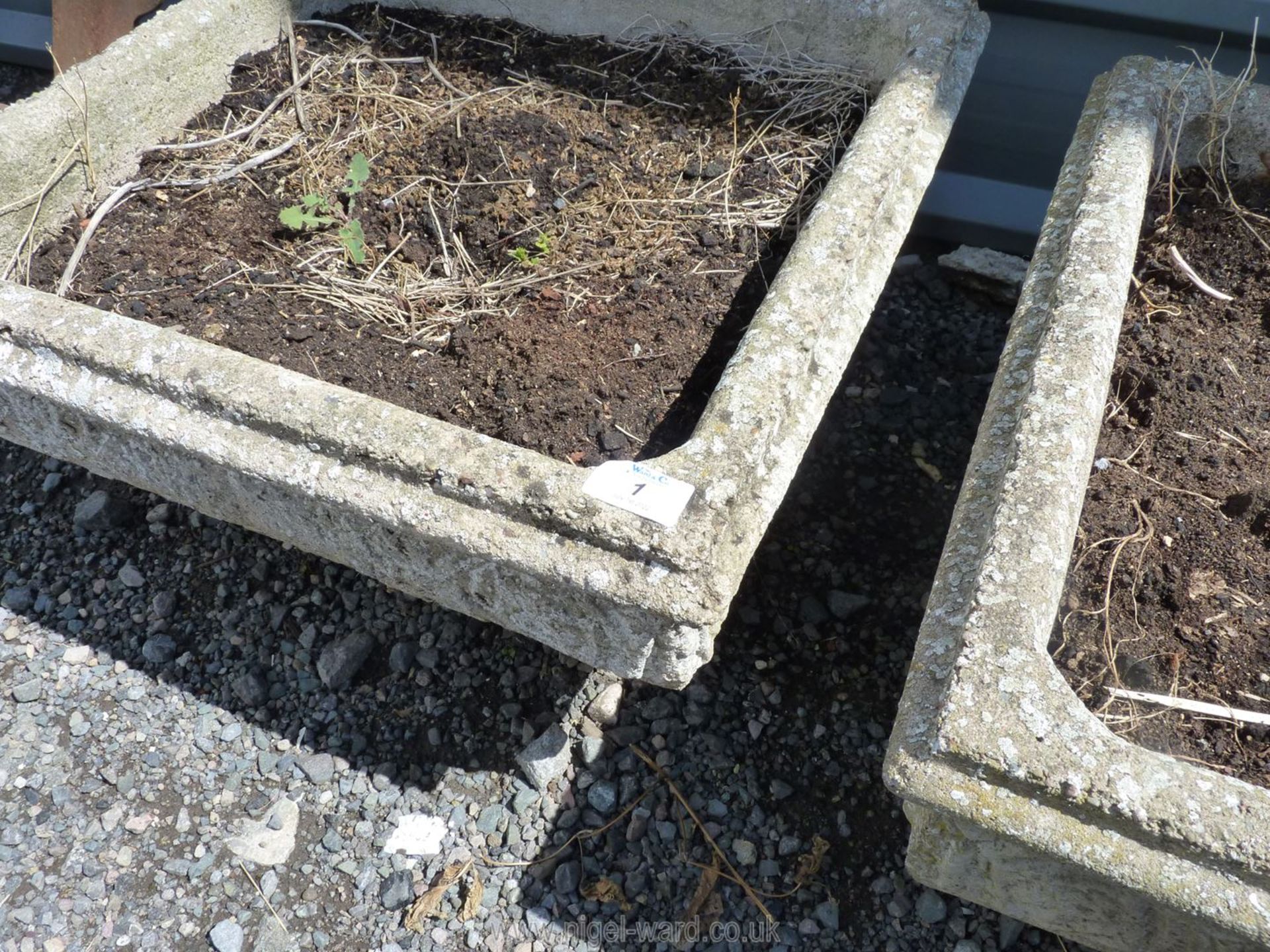 A pair of square concrete planters (one cracked), 20" x 59" x 10" high. - Image 2 of 2