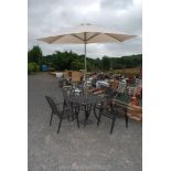 A 'Kettler' garden table and 4 chairs plus umbrella and stand A/F.