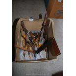 Box of wooden handled old tools.