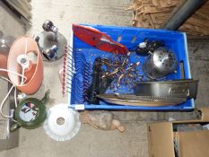 A box containing silver plate, large platter, bedside lamp, enamel tea pot, etc.