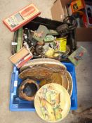 A box of raised plaster display plates, and miscellaneous china, old tin etc.
