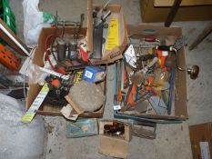 Two boxes of mixed tools including vintage wood drills, foot pump, light fitting, saw blades etc.