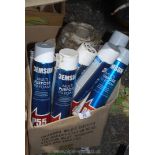 Box of multi purpose foam aerosols and rolls of gutter sealer tape.