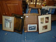 Five pictures, frames and prints.