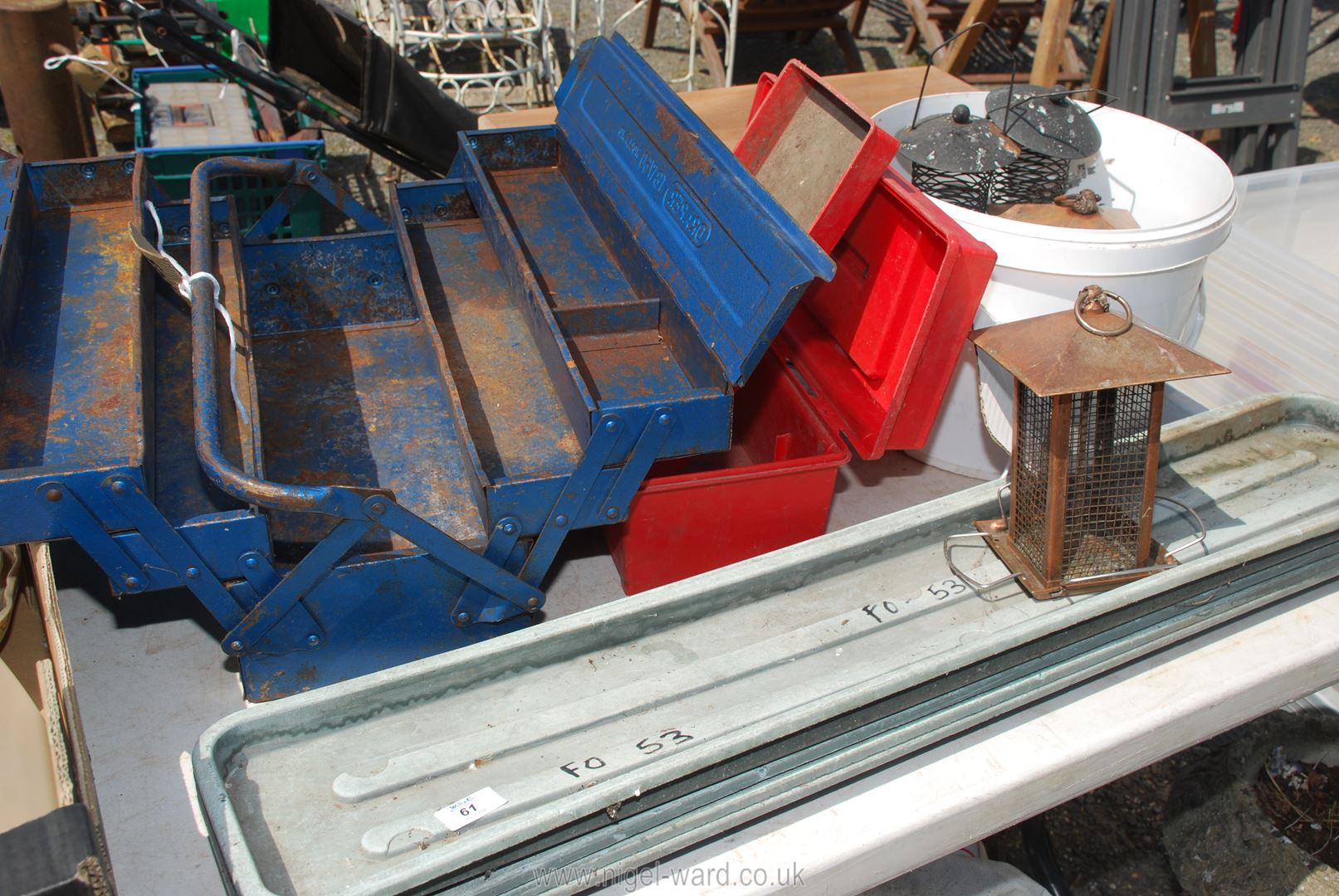 Four plastic window box trays, two toolboxes,