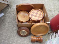 A box of Treen, hand turned bowls, clocks, cake stand etc.