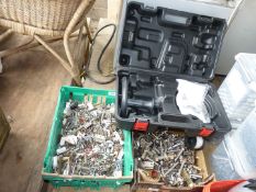 Two boxes of nuts, bolts, screws, hinges, etc.