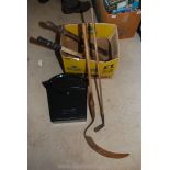 A Scythe/long handled grass hook, together with golf club, letter box, pump, tennis racket etc.