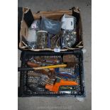 2 Boxes of Mixed tools incl. hatchet, clamp, taps, nails etc.