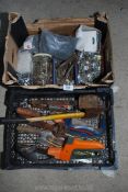 2 Boxes of Mixed tools incl. hatchet, clamp, taps, nails etc.