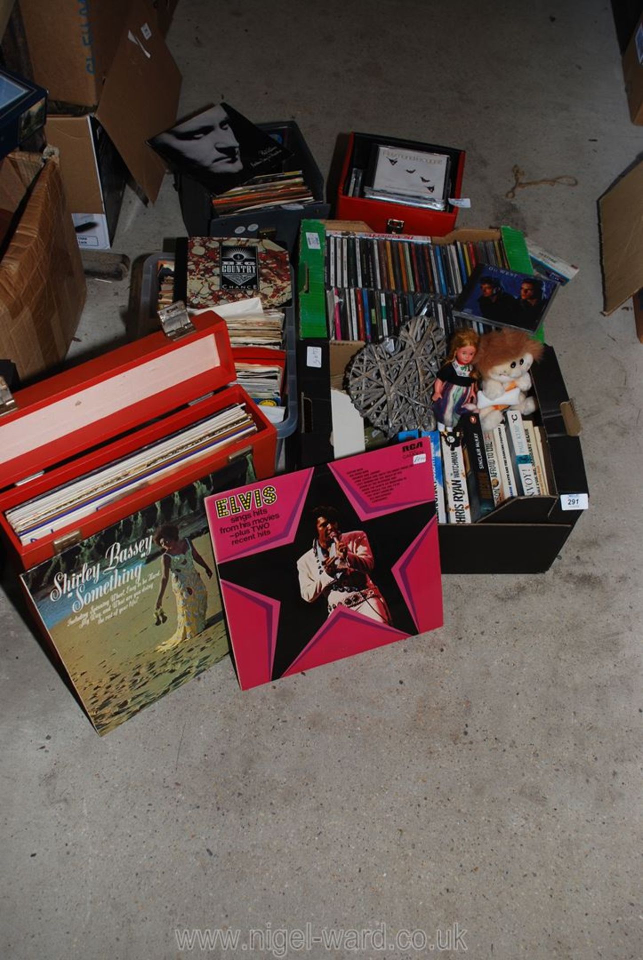 Quantity of LP's incl. Shirley Bassey and Elvis, plus box of 45's, box CD's etc.