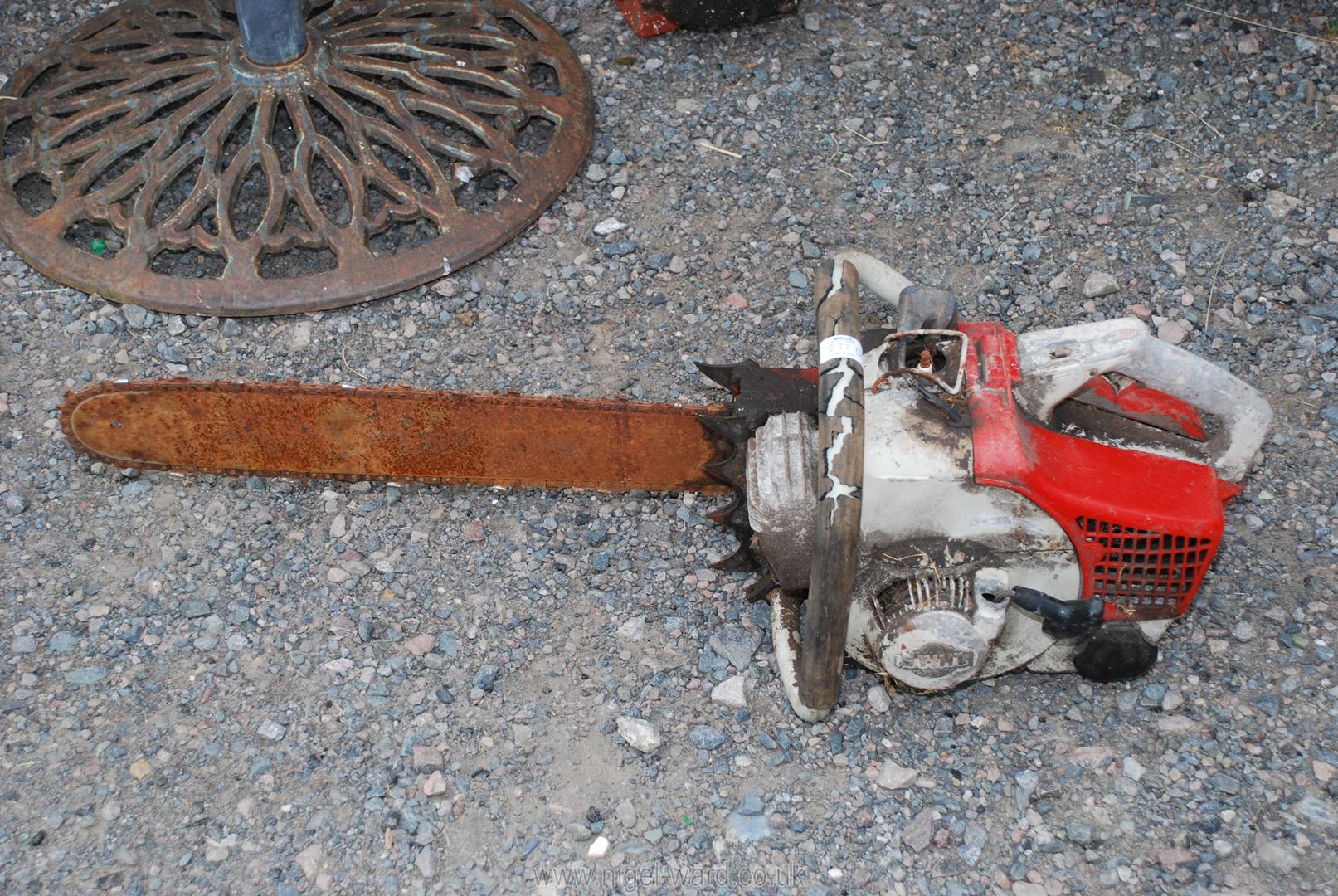 A Stihl chainsaw for restoration, no chain brake (unable to start as no fuel present).