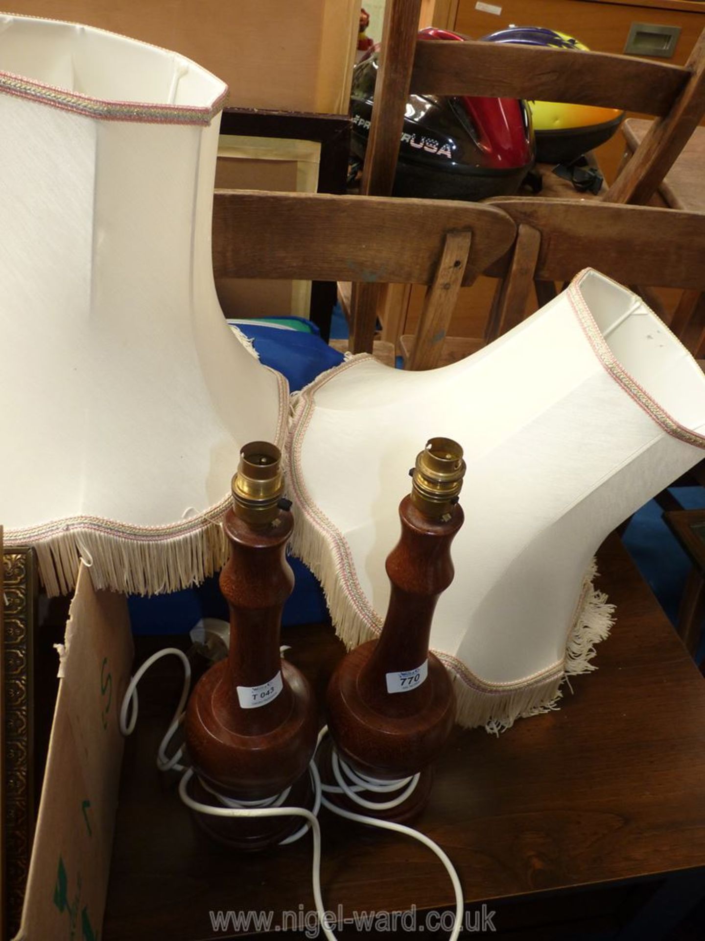 Pair of turned wood table lamps with cream shades. - Image 2 of 2