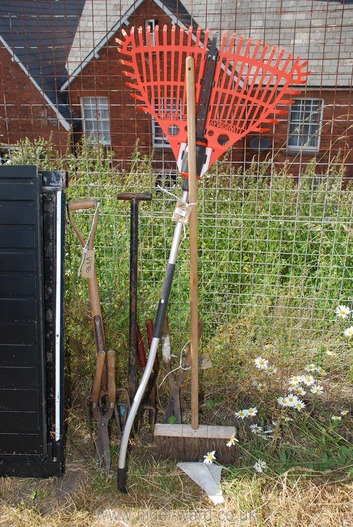 A quantity of gardening tools, sheer, fork, rack etc.