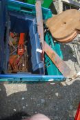 A tub of tools, strap hinges, bellows etc.