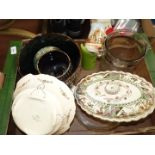 Box of china and glass including. ice bucket, jardinieres etc.