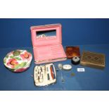 Miscellaneous items to include jewellery box, decorative tin, vintage manicure set, etc.