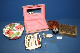 Miscellaneous items to include jewellery box, decorative tin, vintage manicure set, etc.