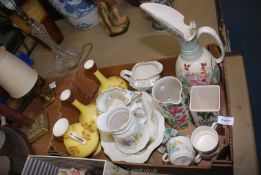 A box of china to include tall floral jug, Masons jug, celery dish, wash bowl and jug,