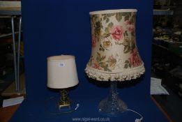 Two table lamps, one with brass base 14 1/2" tall and the other cut glass base, 22 1/2" tall.