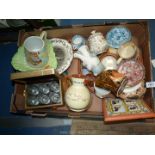 A quantity of china including Beswick dish, Wedgwood plate, tankards, gold leaf dishes, clock etc.