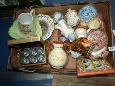 A quantity of china including Beswick dish, Wedgwood plate, tankards, gold leaf dishes, clock etc.