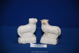 Two scarce late 18th c. creamware models of sheep, circa 1780-90, 2" x 2 1/2".